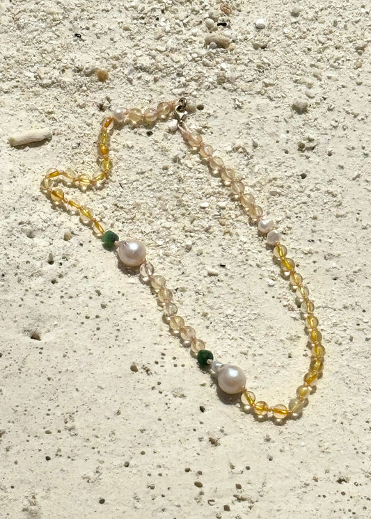 Choker z cytrynu, zoisytu z rubinem i pereł naturalnych